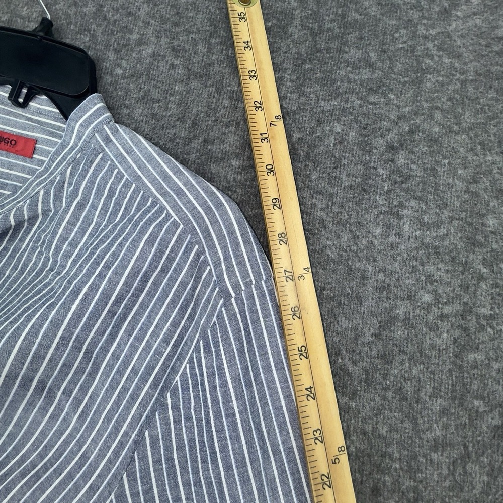 Hugo Boss Mens Long Sleeve Dress Shirt Band Collar Linen blend large Stripe - Picture 6 of 7